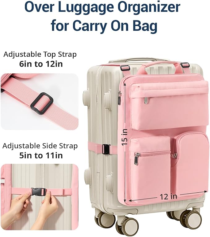 Over Luggage Organizer Bag for Suitcase with Multi Pockets, 16” Laptop Bag with Handle,Portable Travel Organizer Bags for Luggage with Adjustable Straps,Tote Carry Bag for Women Men(Pink)