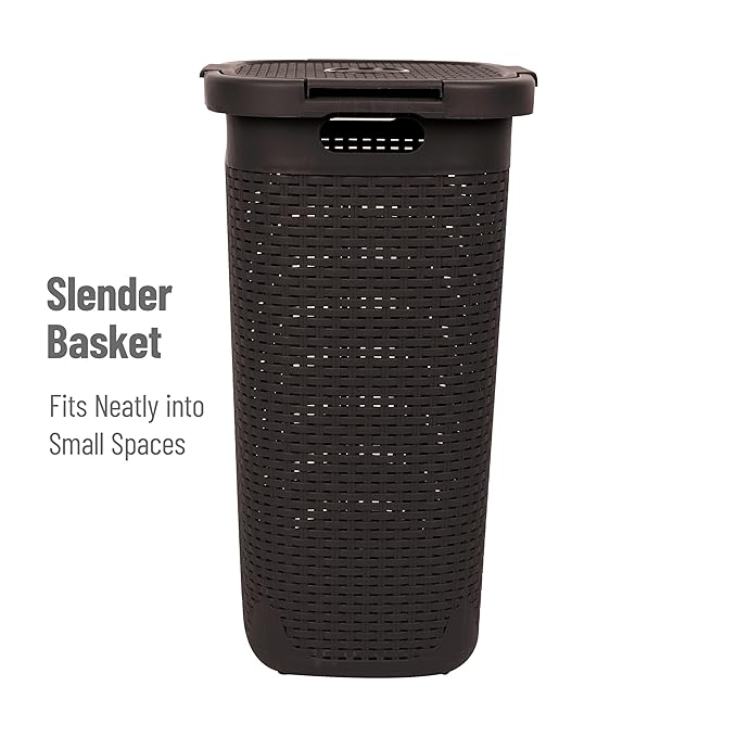 Mind Reader Slim Laundry Hamper with Lid, 60L Clothes Basket, Premium Wicker Design, Plastic, Brown