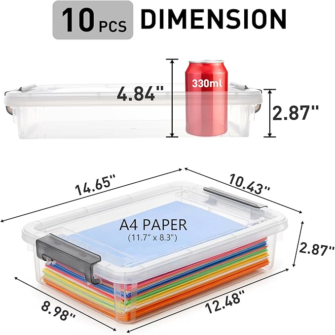 Citylife 10 PCS Plastic Storage Bins with Latching Lids Portable Project Case Clear File Box Stackable Storage Containers for Organizing A4 Paper, Photo, Document, Scrapbook
