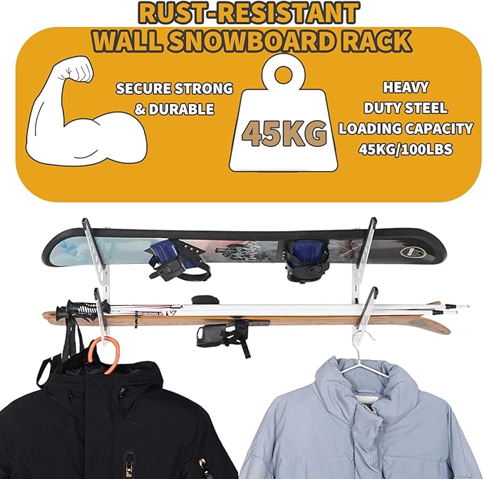 Snowboard Wall Racks, Adjustable Storage Rack for Ski, Surfboard, Wakeboard, Snowboard Wall Mount Display, White/Black