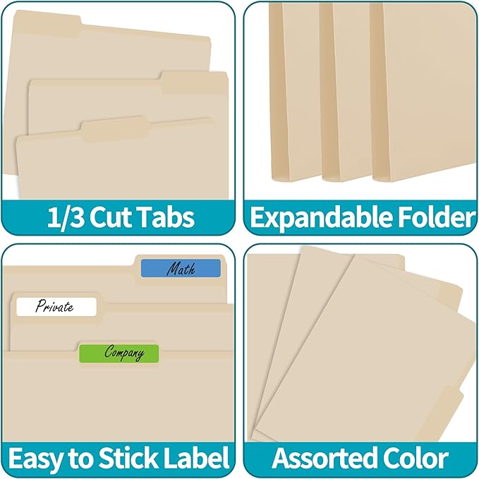 250 Packs Manila File Folder,Manila Folder 8.5x11,1/3 Cut Tabs Folder for Office,School and Home,Organizer File Folder Letter Size