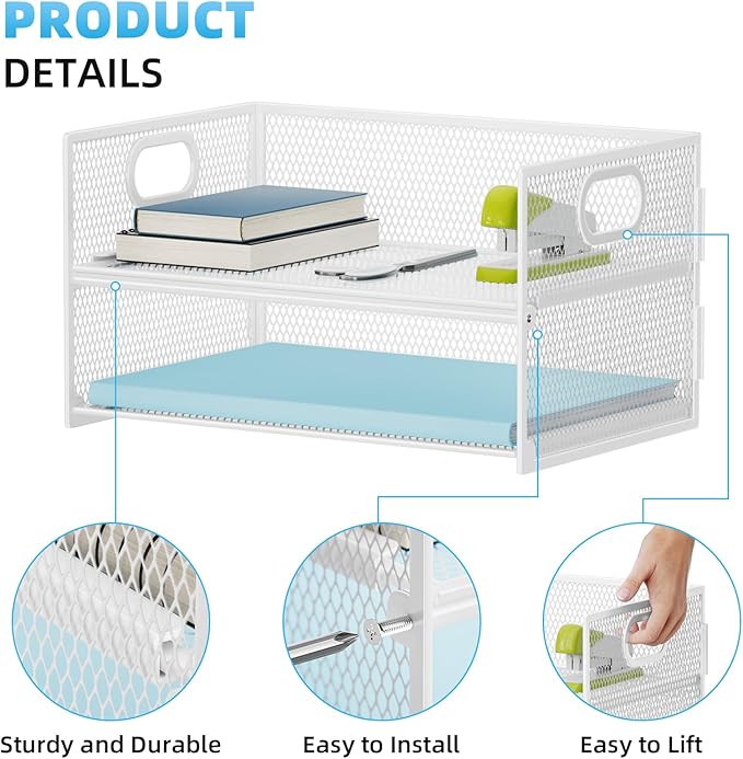 Marbrasse 2 Tier Paper Organizer Letter Tray, Mesh File Organizer with Handle, Paper Sorter Desk Organizer for Home Office Supplies - White