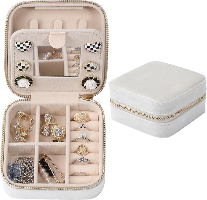 Dajasan Velvet Jewelry Box, Mini Travel Jewelry Case, Portable Travel Jewelry Organizer with Mirror for Birthday Mother's Day Valentine's Day(Beige)