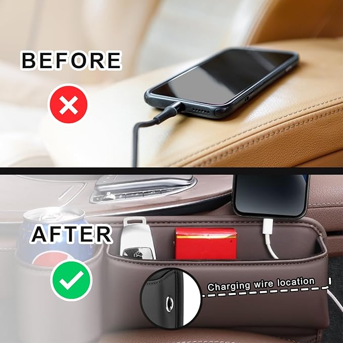 2-Pack Car Leather Cup Holder Gap Bag, Adjustable Car Seat Gap Storage Box Leather with Cup Holder for Phones Glasses Keys Cards (Beige. Driver- Passenger)