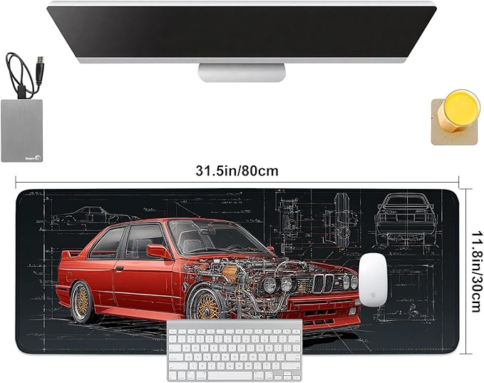 Retro Car Blueprint Mouse Pad – Large Extended Desk Mat 31.5 x 11.8 in – Classic Red Tuner Car Cutaway with Engine Diagram, Waterproof Surface, Non-Slip Rubber Base, Keyboard & Mouse Pad