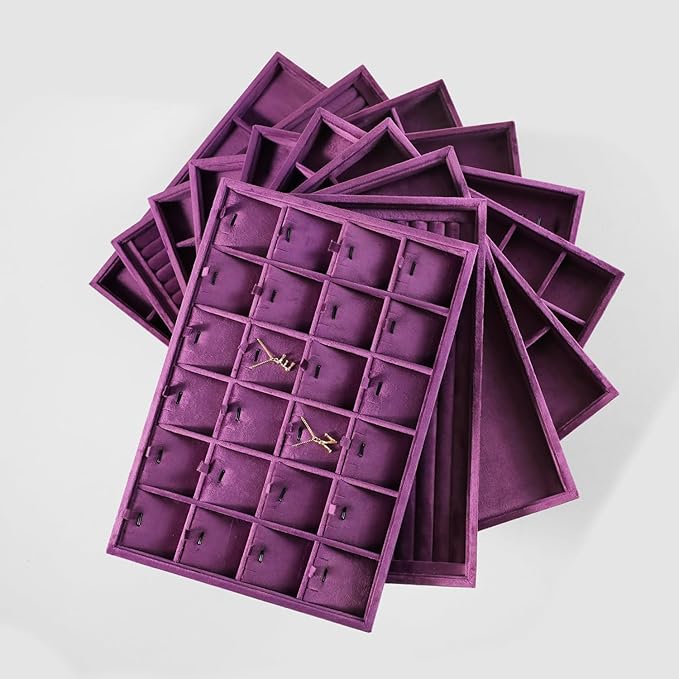 Velvet Stackable Jewelry Display Flat Tray For Ring Earring Necklace Bracelet, Bangle Pendant Storage Blank Plate, Shop Countertop Jewelry Dish Organizer (Purple)