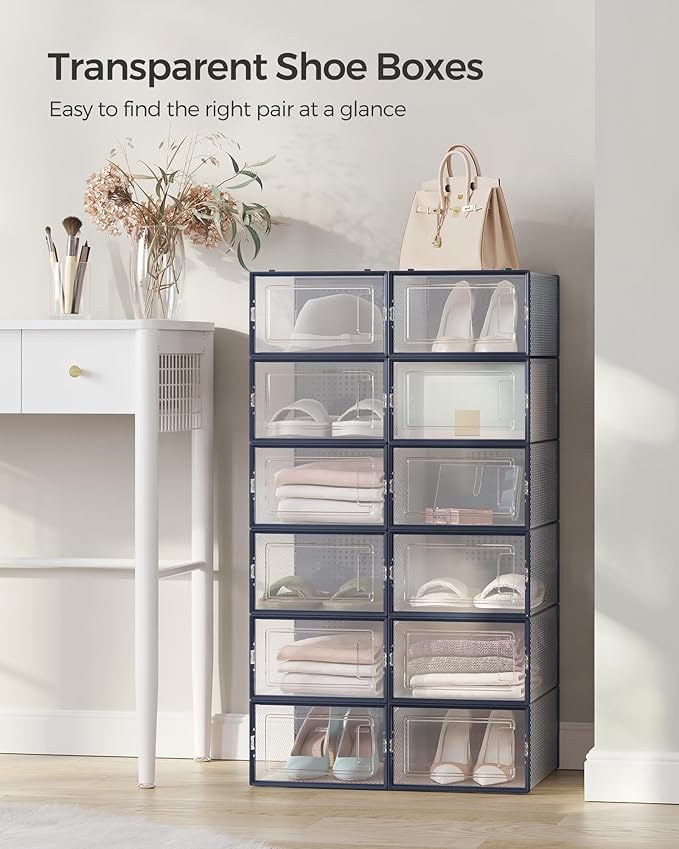 SONGMICS Shoe Boxes, Pack of 12 Shoe Storage Organizers, Stackable Clear Plastic Boxes for Closet, Sneakers, 13.1 x 9.1 x 5.6 Inches, Transparent and Charcoal Blue ULSP12SB30