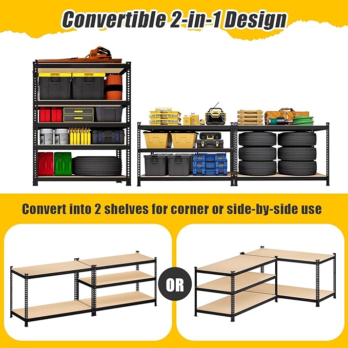 5-Tier Metal Storage Shelves: Heavy Duty Garage Shelving Adjustable Shelves for Storage - Black Utility Rack Shelf for Pantry, Warehouse, Office, Kitchen, 28" W x 12" D x 59" H, 3PCS