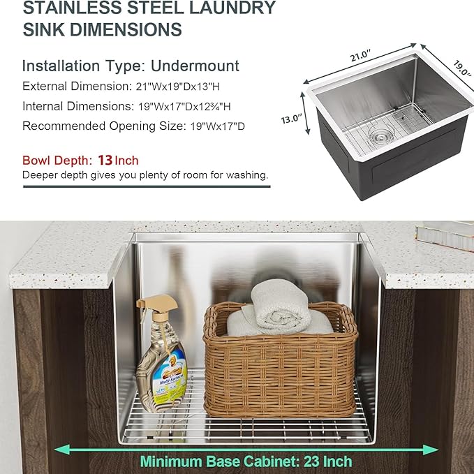 21 Laundry Sink Stainless Steel - Lordear 21" x 19" x 13" Deep Bowl Undermount Sink Ledge Workstation 16 Gauge Stainless Steel Handmade Utility Laundry Room Kitchen Sink Basin