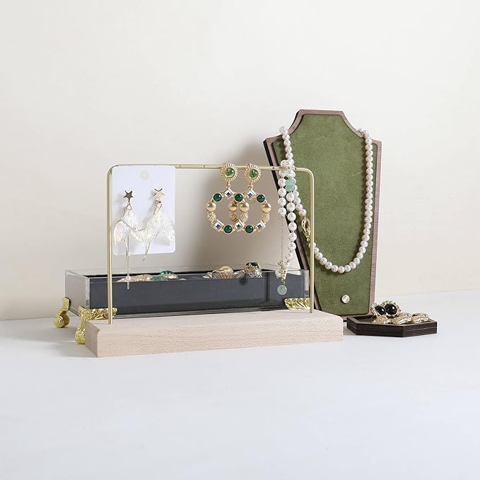 GemeShou Maple Earring holder for selling, Brass earring stands and displays for show, Wood Jewelry Storage hanging shelf for Girl Woman【U Shelf-Maple】