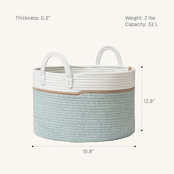 LA JOLIE MUSE Braided Basket, Cotton Rope Storage Baskets, Large Cotton Basket, Laundry Basket for Blanket, Children's Toys, Basket S Laundry Basket for Children's Room, Ivy Green, 32 Liter