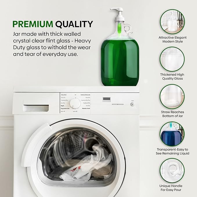 Gallon Glass Pump Dispenser Bottle, Large Jug Laundry Liquid Detergent Dispenser with Pump for Laundry Room Organization, Soap, Fabric Softener, Commercial Condiment Dispenser- 128 oz by Kitchentoolz
