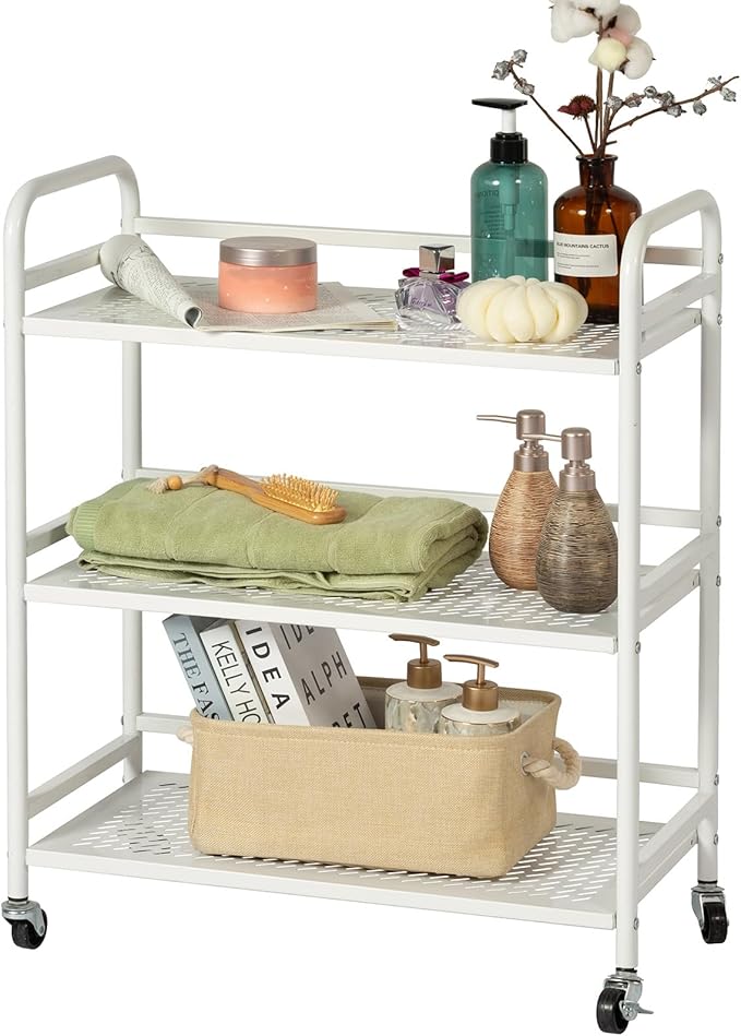 HDANI 3 Tier Metal Rolling Heavy Cart Supports 40 Lbs Per Tier,Mesh Rolling Cart with 2 Lockable Wheels for Office,Home,Bedroom,Kitchen,Bathroom(White)
