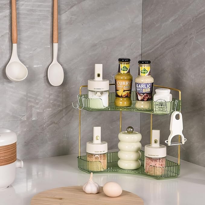 2 Tier Plastic Bathroom Sink Organizer with Hooks, Corner Bathroom Counter Organizer Makeup Storage Vanity Tray for Countertop (Green Gold)