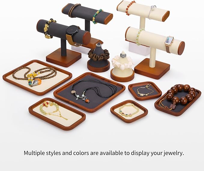 Wooden Jewelry Display Tray Rounded Rectangle Ring Showcase Stackable Elegant Bracelet Watch Jewelry Organizer for Personal Use and Commerce (Old Lace, Large-W 7'' x H 0.6'' x L 7.9'')