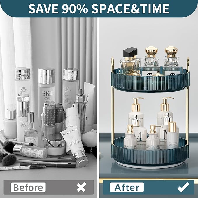 360 Rotating Makeup Organizer for Vanity, Bathroom Countertop Organizer Spinning Perfume Organizer, High-Capacity Cosmetic and Skincare Dresser Make Up Holder Rack (2 Tiers, Blue)