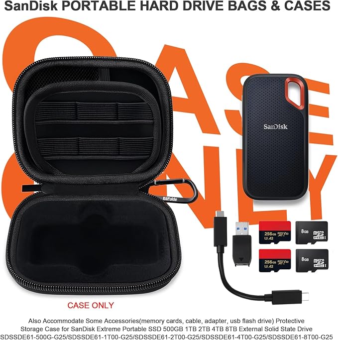 Hard Case for SanDisk Extreme Portable SSD 500GB 1TB 2TB 4TB 8TB External Solid State Drive Case -Custom-Insert Shockproof Protective Storage Travel Bag for SSD SD Card Holder (Black)