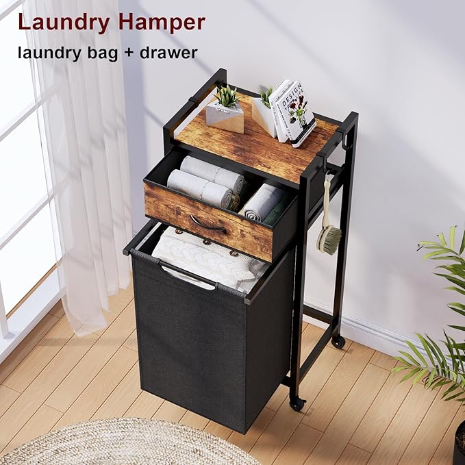 Laundry Hamper, Laundry Sorter, Rolling Laundry Basket with Drawer, 18 Gal (68 L), Pull-Out and Removable Oxford Fabric Bags, Black and Rustic Brown