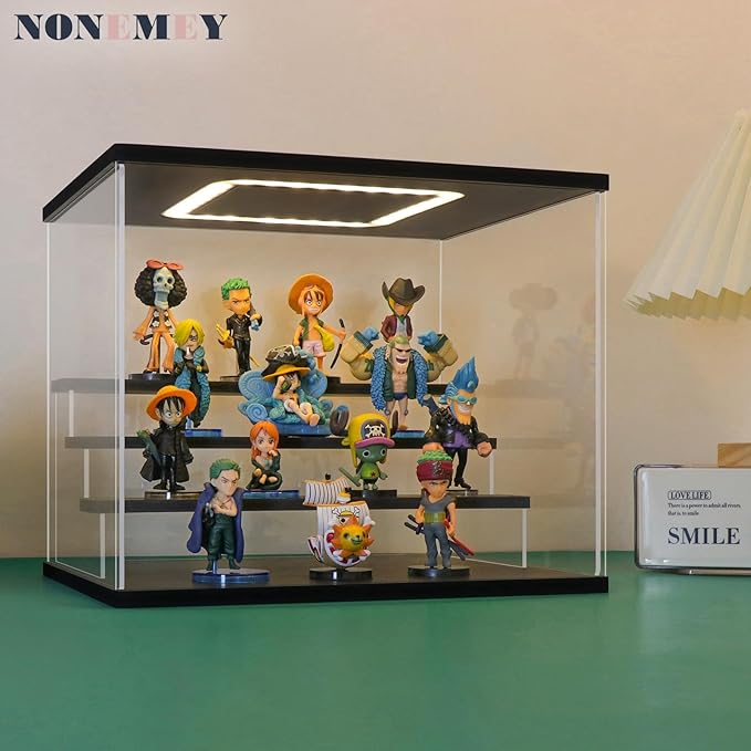 NONEMEY Clear Acrylic Display Case Stand with LED Light 2/3/4/5/6 Tier Storage Box Showcase Dustproof Organizer Box for Collectibles (4Tier 12.4*9.6*10.4inch)