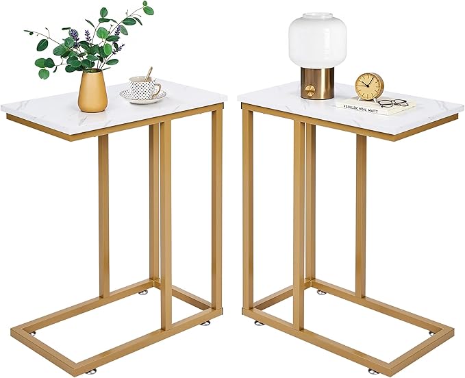 VECELO C Shaped End Side Table for Sofa Couch and Bed Snack TV Tray for Living Room Bedroom, 2 PCS, Gold