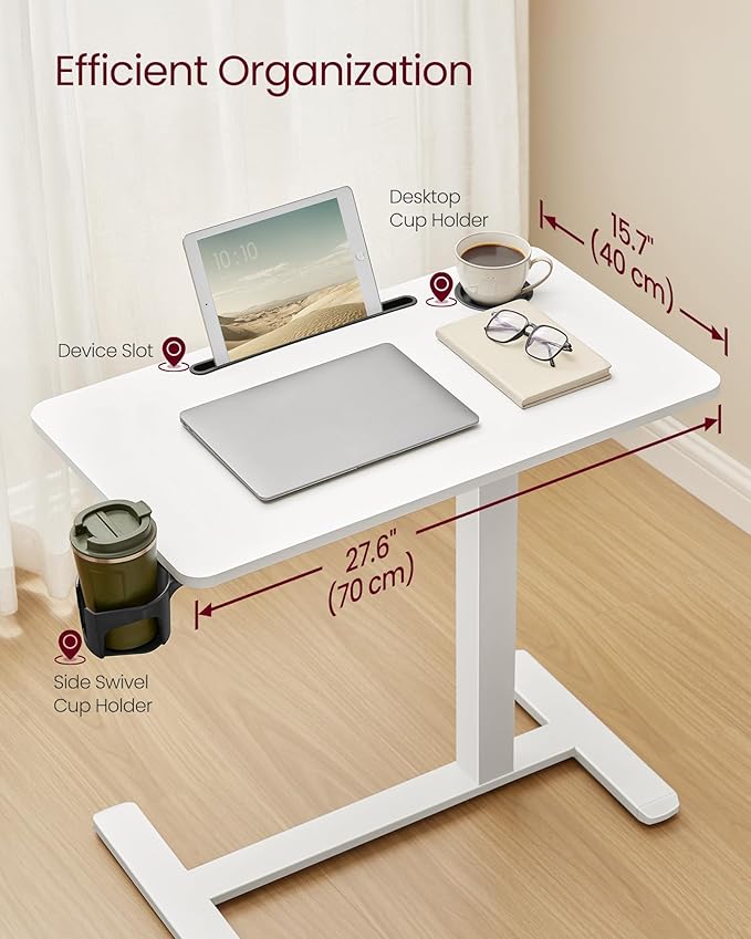 VASAGLE Overbed Table with Wheels, Mobile Standing Computer Desk, 27.6 x 15.7 Inches Tabletop, Adjustable Height, 2 Cup Holders, Phone and Tablet Slot, Cloud White ULSD600W01