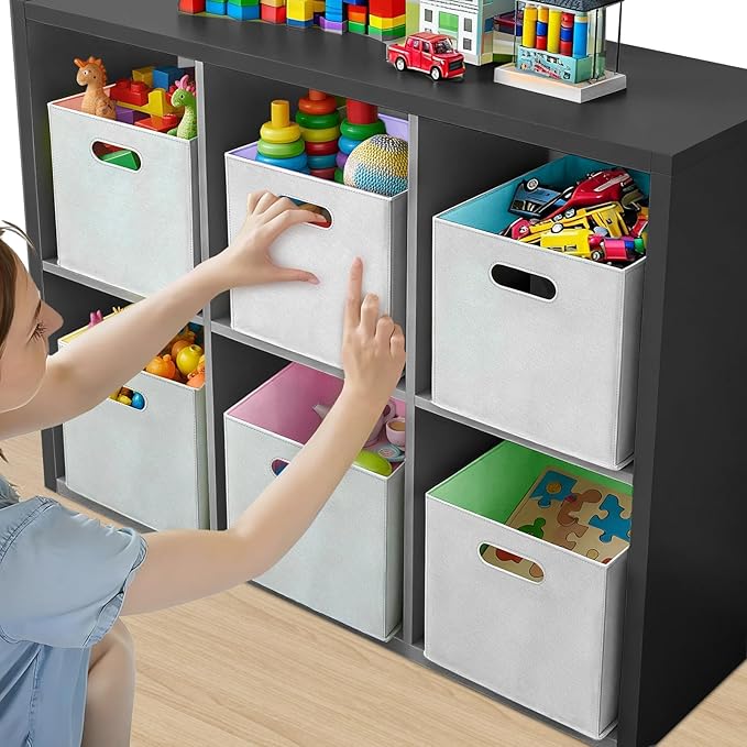 6 Pcs 11 Inch Colorful Felt Storage Cubes with Handle, Collapsible Fabric Storage Cubes Toy Bins Foldable Baskets for Nursery, Playroom, Kids Room, Toys, Books, Clothes(Gray-macaron)