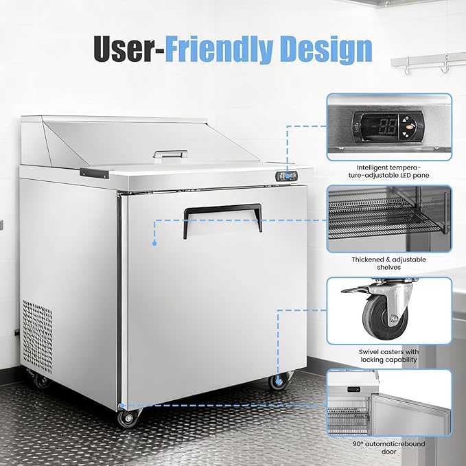 29" W Commercial Refrigerator Sandwich Salad Prep Table, Stainless Steel 1-Door Sandwich Prep Table Refrigerator, Counter Fan Cooling Refrigerator with 12 Pans for Restaurant, Bar