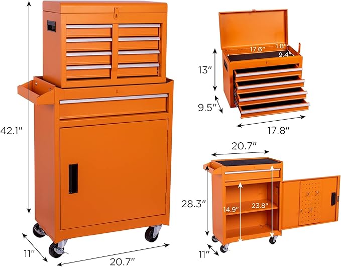 Tool Chest, 5-Drawer Rolling Tool Storage Cabinet with 2 in 1 Detachable Top Tool Box, Liner, Lockable Wheels, Side Hooks,Metal Tool Cart for Garage (5-Drawer Orange)
