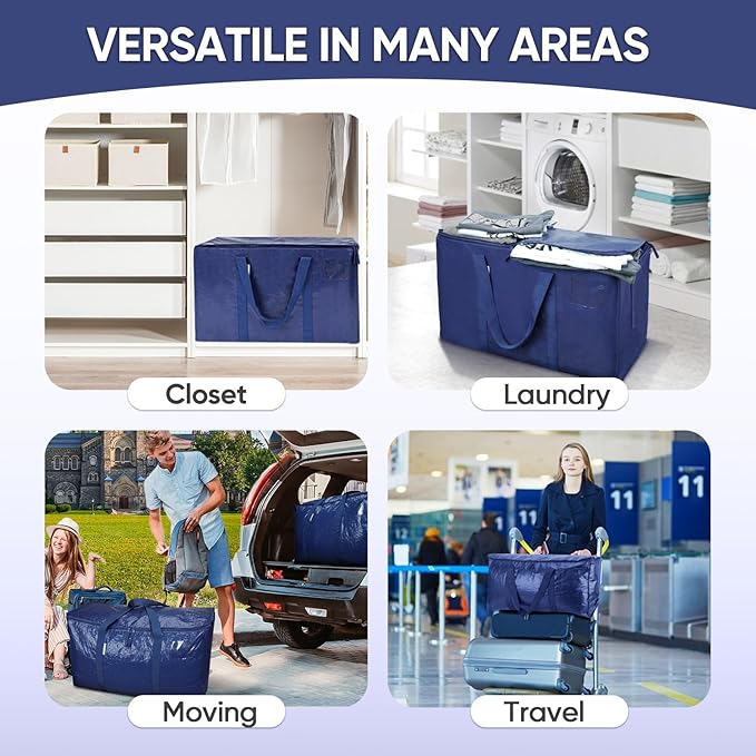 TICONN 2 Pack Extra Large Moving Bags with Zippers & Carrying Handles, Heavy-Duty Storage Tote Moving Boxes for Space Saving (2 Pack, Navy)