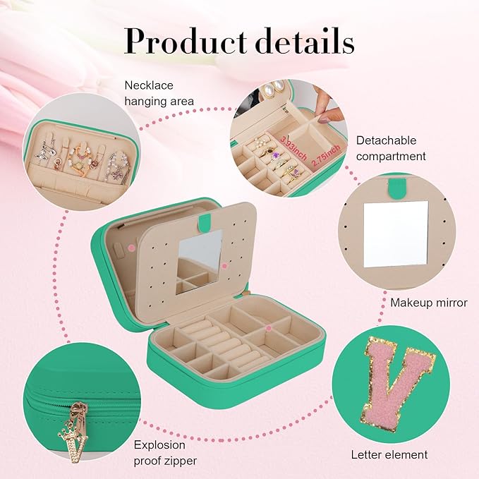 TopPerfekt Travel Jewelry Case, Jewelry Box with Mirror, Jewelry Organizer Bridal Shower Gifts to Her, Earring Storage Travel Case, Trendy Gift for Women and Girls, Girlfriend-Letter V, Green