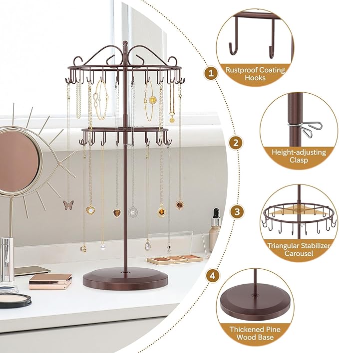 iDavosic.ly 2 Tier Rotating Necklace Holder Organizer with 42 Hooks, Adjustable Metal Bracelet Display Stand Rack, Extra Tall Keychain Spinning Tree Tower for Women, Espresso Brown