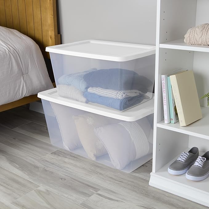 2-Pack 58 Quart Clear Storage Bins with Snap-On White Lids, Stackable Plastic Containers for Home Organization, Closet, Bedroom, Garage Storagea