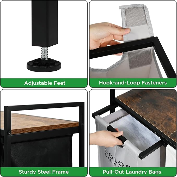 Ollieroo Laundry Hamper,Rolling Laundry Sorter 3 Section,Large Capacity Laundry Basket with Shelf,Laundry Room Organization with 3 Pull-Out and Removable Bags for Bathroom, Laundry Room,Mixed Color