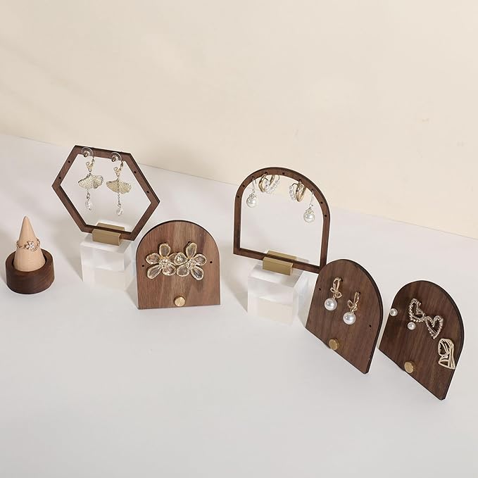 GemeShou 3pcs wooden jewelry earring organizer holder, walnut earring studs stand for boutique store, cute earring display for selling with 6 holes on each【Earring stand-Arch-3pcs】