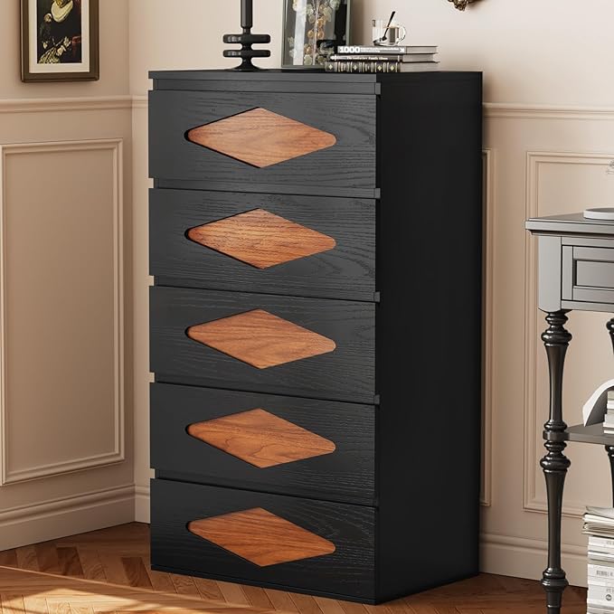 Tall Dresser for Bedroom, 5 Chest of Wooden Drawers, Vintage Dresser, Closet Storage Dressers Organizer for Bedroom, Living Room, Hallway (Black+Brown)