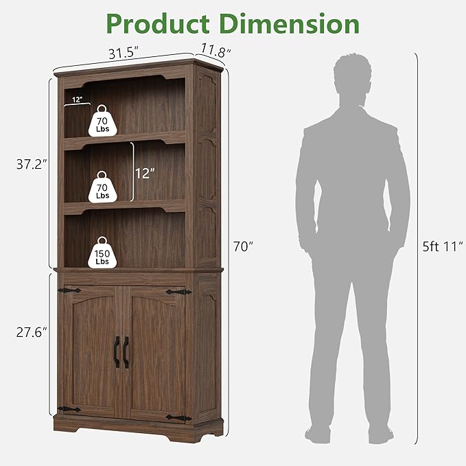 70 Inch Farmhouse Bookcase, Walnut Two-Tone Shelves, 5 Tier Bookshelf with Arched Trim Doors, Living Room Storage Cabinet Unit, 31.5x11.8 Inches (Walnut, Doors Storage)