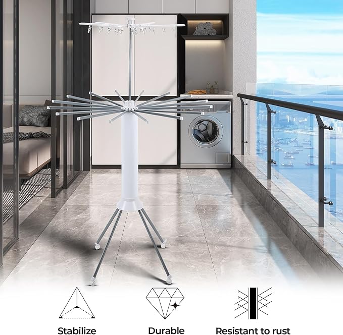 Dollate 3 Tier Portable Clothes Drying Rackwith 4 Pulleys,Indoor and Outdoor Collapsible Rack Clothing with Shoe Drying Rack for Space Saving