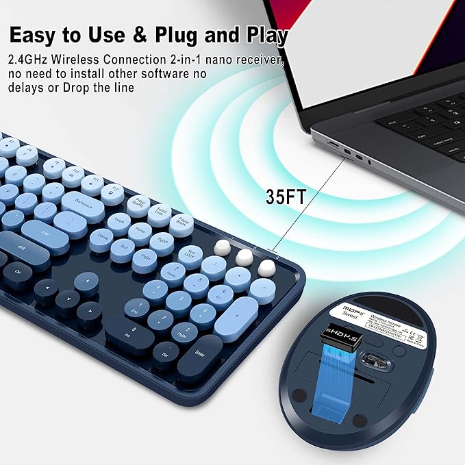 Wireless Keyboard and Mice Combo,Retro Round Keys Full-Sized Cute Keyboard, 2.4Ghz Dropout-Free Connection and Optical Mouse for Windows, Mac, PC, Laptop, Desktop (Blue-Colorful)