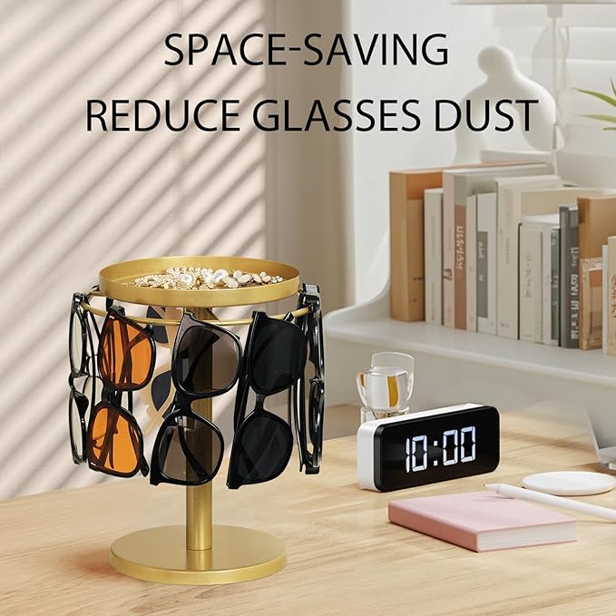 MoyRetty 360° Rotating Sunglasses Organizer - Stainless Steel Glasses Holder Stand with Jewelry Tray, Home Decor for Desk, Dresser & Nightstand(Gold)