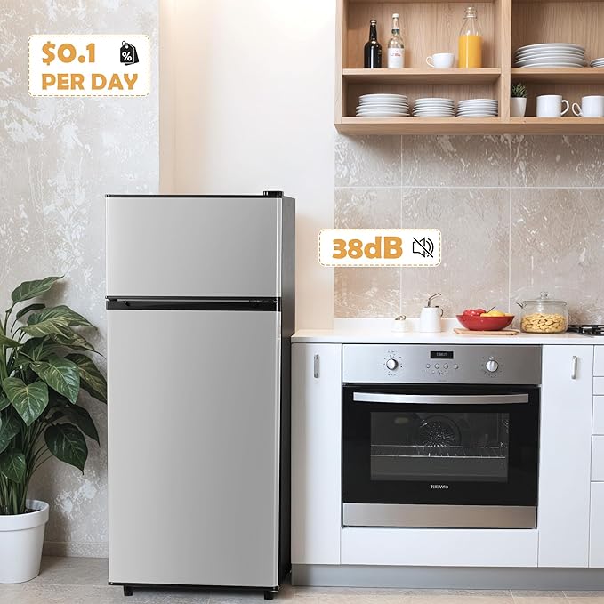 Manastin 4.4 Cu.Ft Mini Fridge with Freezer, Small Fridge with 2 Doors for Office, Kitchen, Dorm and Bedroom, Mini Refrigerator with Adjustable Shelves (Silver)
