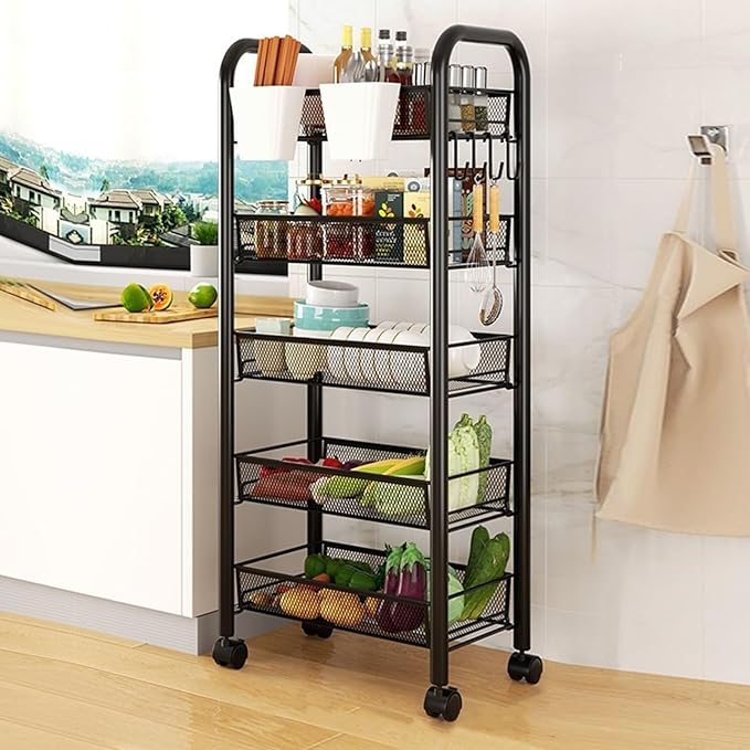 Fruit and Vegetable Basket Bowls for Kitchen, 5 Tier Stackable Metal Mesh Storage Basket with 360 Degree Wheels, Fruit Vegetable Produce Basket Storage Organizer, for Kitchen, Pantry, Bathroom(Black)