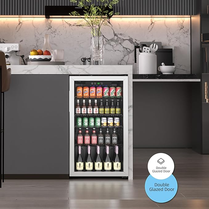 126 Can Freestanding Beverage Refrigerator, 3.2 Cu. Ft Drink Fridge with Glass Door, Adjustable Shelves & Temperature Control, Quiet Compressor Small Refrigerator for Soda, Beer or Wine