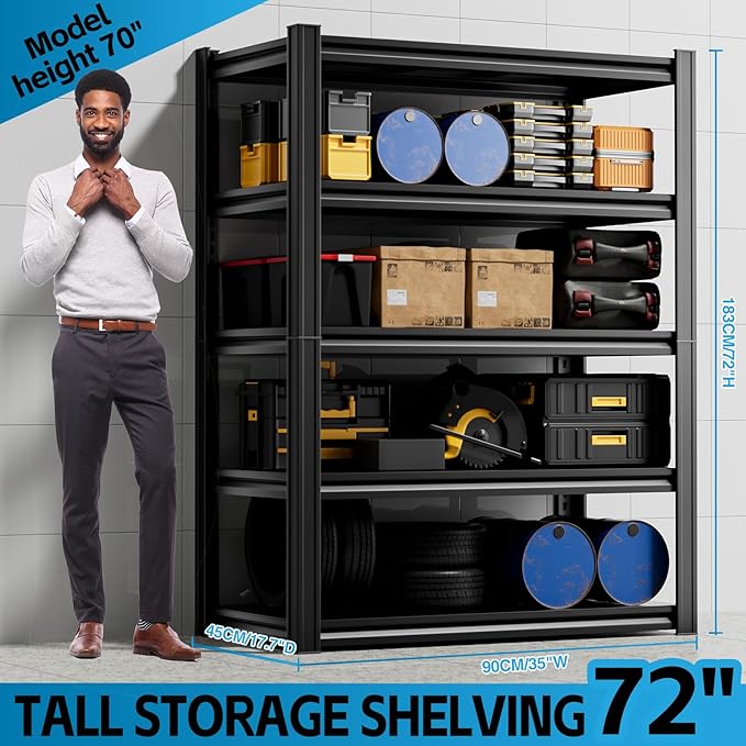 5-Tier Garage Storage Rack 35”D X 17.7”W X 72”H 2500LBS Capacity Industrial Shelving Unit Heavy-Duty Metal Shelf (Black)