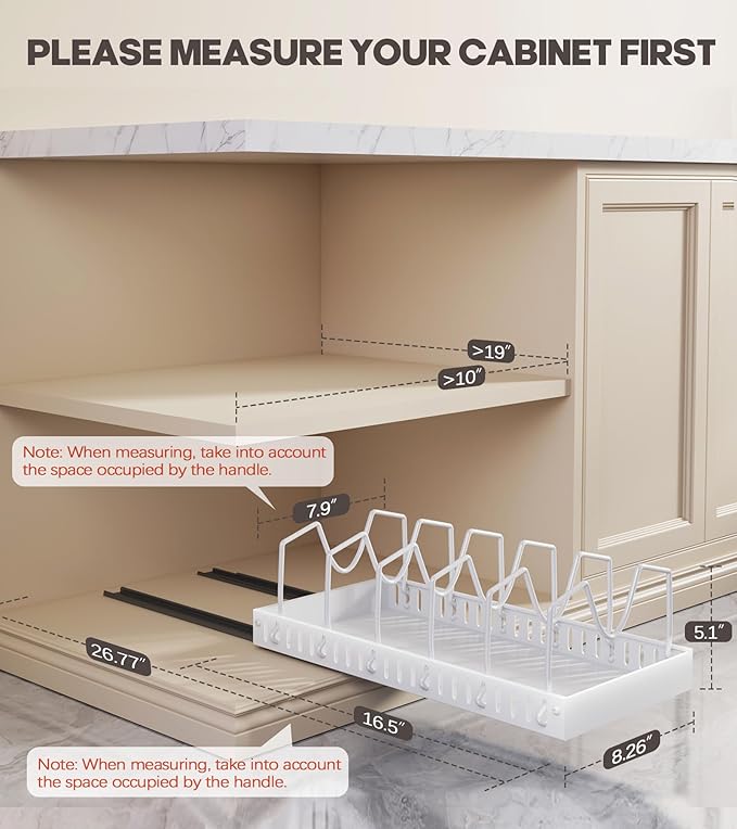 Pull Out Pots and Pans Organizer Under Cabinet, Sliding Lid Holder and Pan Rack in Kitchen, Slide Out inside Cabinet Storage for Pot Lid, Bakeware, Dishes, 6 Adjustable Dividers, 1 Pack White