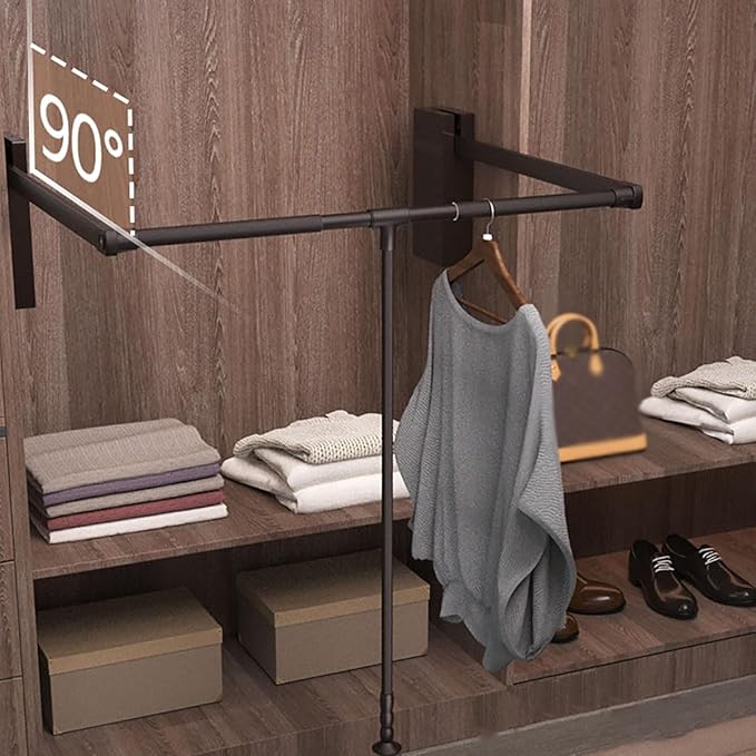 Pull Down Closet Rod for Hanging Clothes, Retractable Wardrobe Hanger for Cabinet Inside Width 21.6"~26", Aluminium alloy Tubing with Plastic Housing, 44 lb Weight Rating