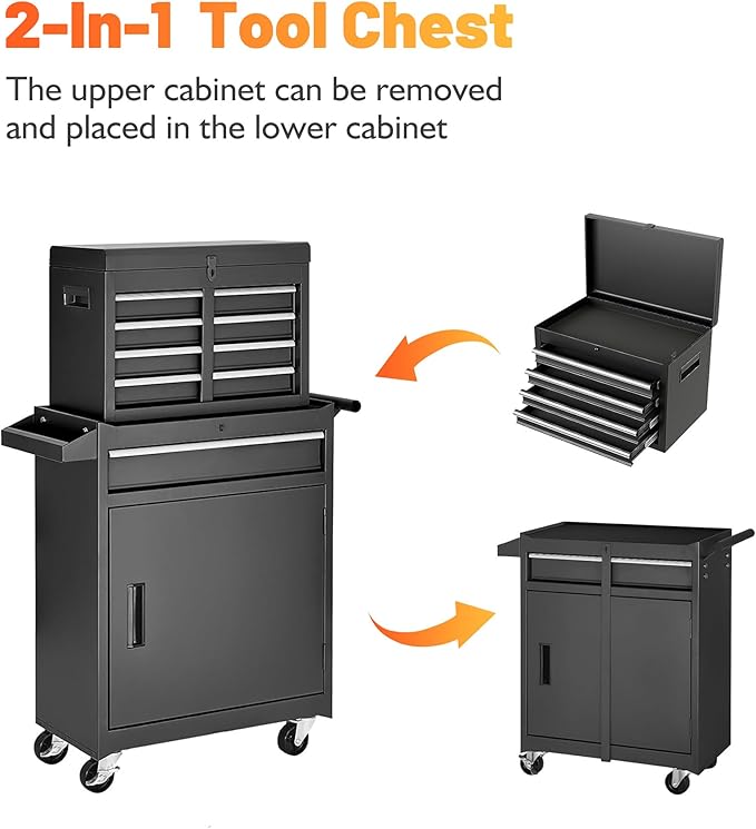 5-Drawer Rolling Tool Storage Chest Cabinet with Detachable Top Tool Box, Liner, Universal Lockable Wheels,37.6"x 20.7"x 11" Expandable, Locking Mechanism, Metal Tool Cart for Garage Workshop
