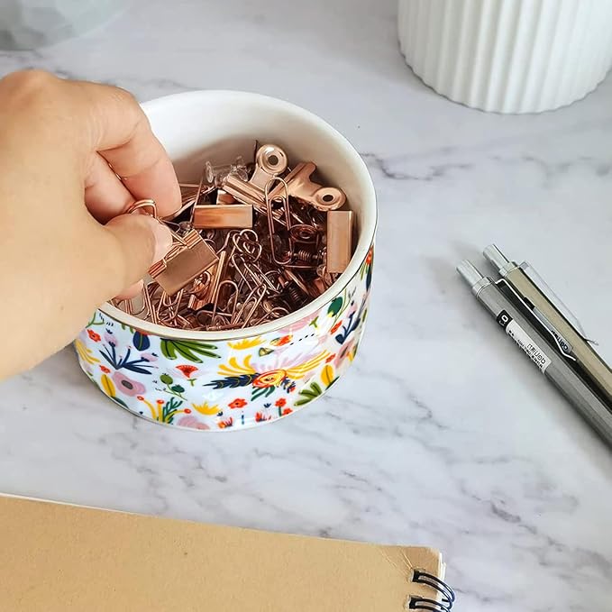 Paper Clip Holder Ceramic Paper Clip Holders Garden Floral Paperclips Holder Dispenser Cute Gold Line Paper Clip Organizer for Desk Binder Clip Holder Bobby Pin Hair Gift for Office Mint Flowers