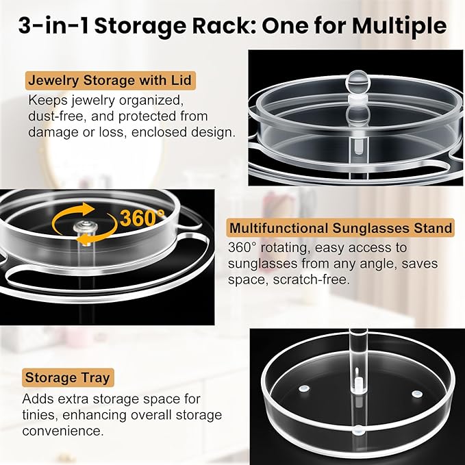 Acrylic Sunglasses Holder Stand with 360° Rotation - Double-Layer Trays, Dustproof Top Lid, Clear Eyeglasses Display Rack for Tabletop/Vanity/Office - Space-Saving, Shatter-Resistant & Modern Decor
