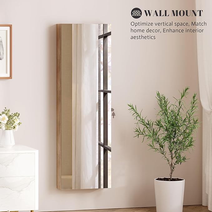 Vlsrka 47.2 Inch Full Length Mirror with Storage, Wall Mount Mirror Jewelry Cabinet, Over The Door Hanging Jewelry Armoire Organizer, Built-in Light, 4 Drawers, 5 Shelves, Lockable (Wood)