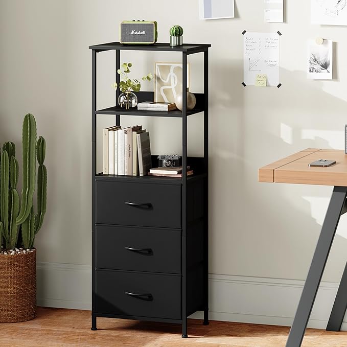 Somdot 3 Tier Bookshelf with Drawer, Tall Bookcase with Shelves, Bookshelf Desktop Organizer, Display Standing Shelf Units for Living Room, Bedroom, Study Room, Black